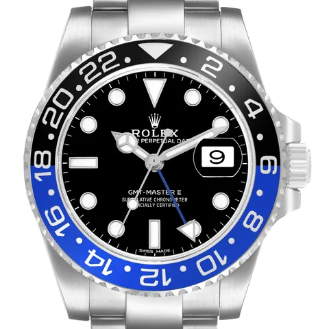 Dial, hands and blue and black Cerachrom bezel of a Rolex GMT-Master II 116710BLNR