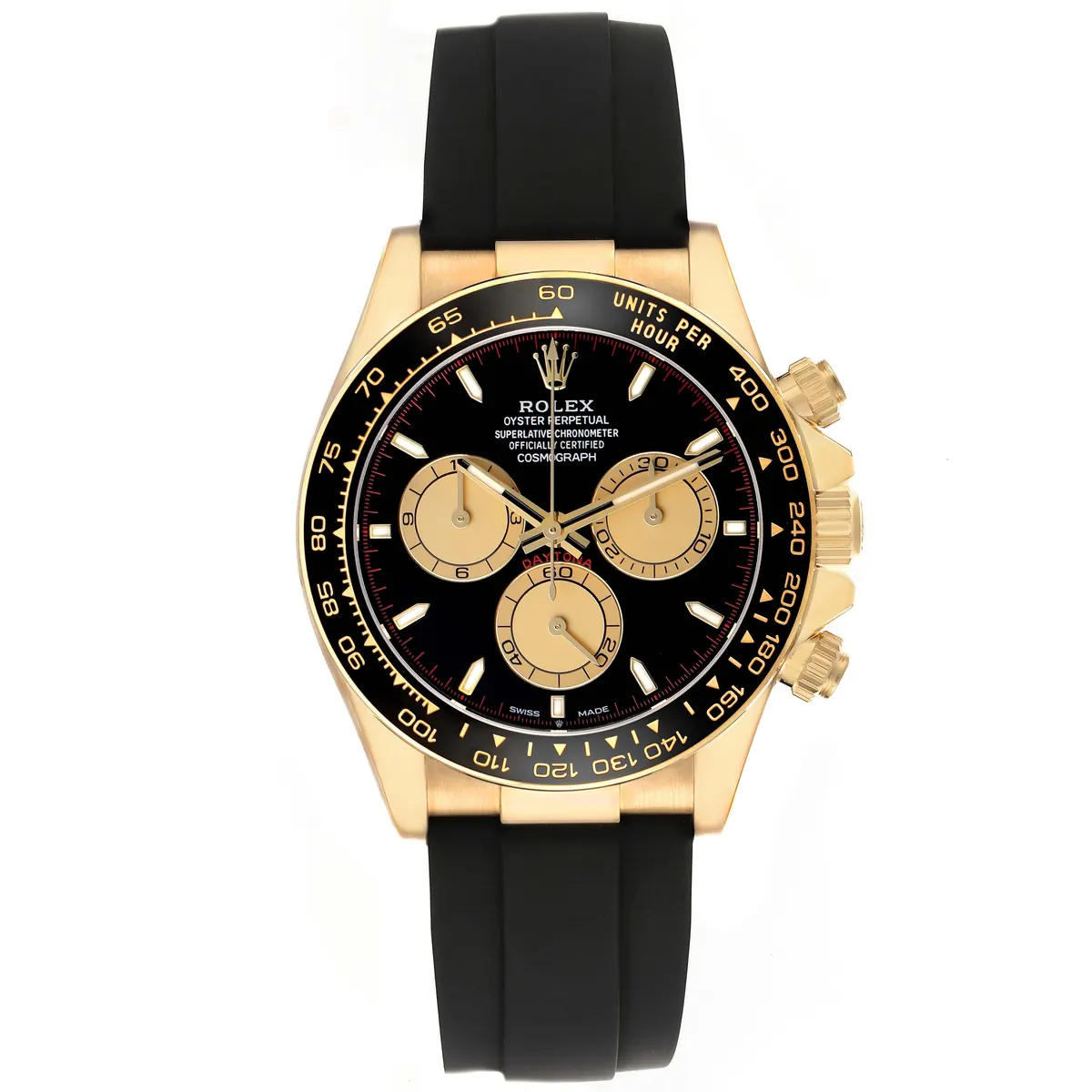 Rolex Cosmograph Daytona 126518 in yellow gold with black dial on an Oysterflex strap