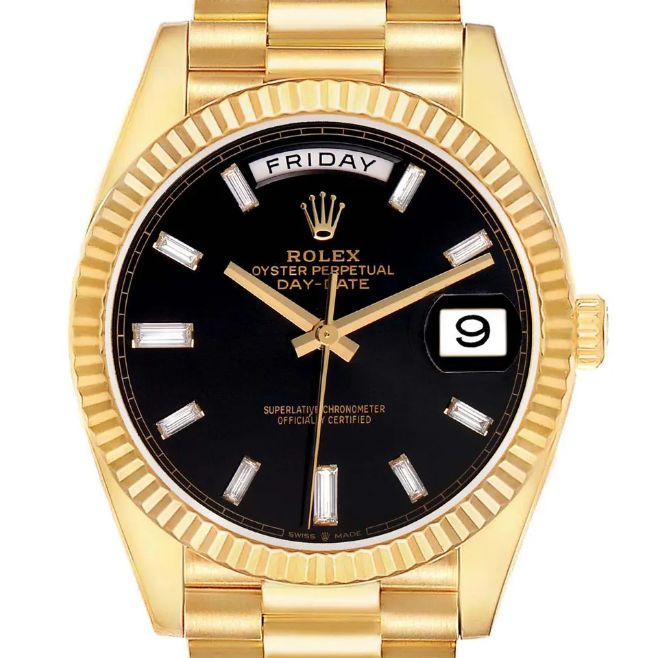 Black dial of a Rolex Day-Date 40 228238 in yellow gold