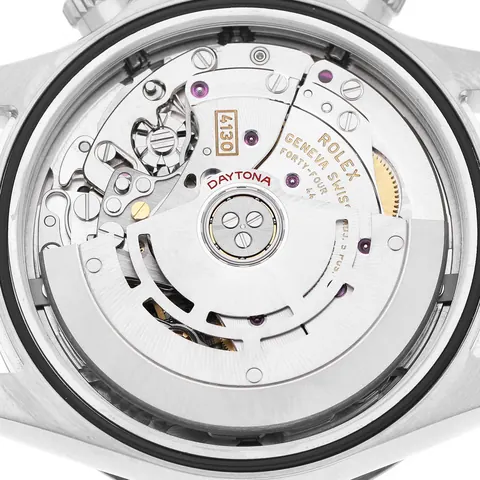 Open caseback showing the Rolex calibre 4130 chronograph movement of a Daytona