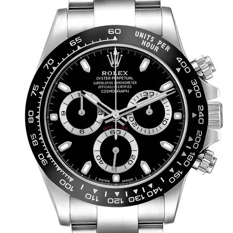 Black dial and tachymeter bezel of a Rolex Cosmograph Daytona 116500LN