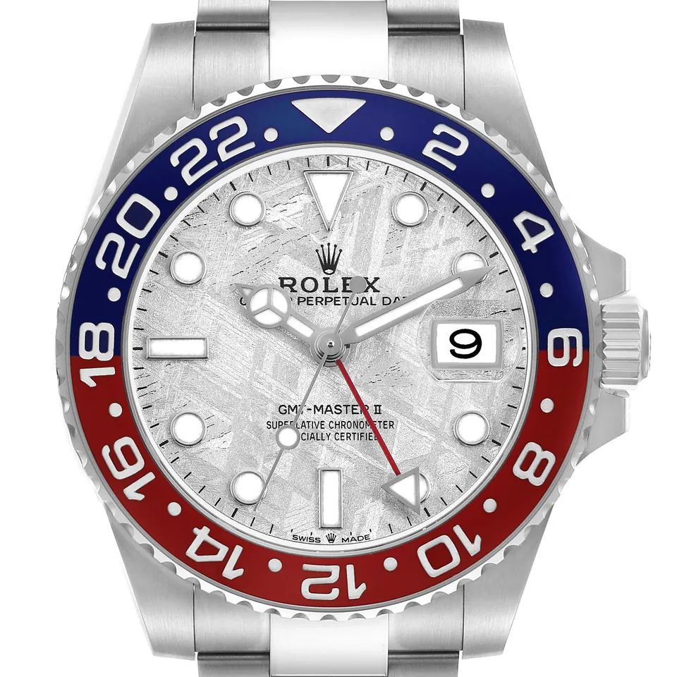 Blue and red "Pepsi" 24-hour bezel on a Rolex GMT-Master II 126719BLRO with meteorite dial