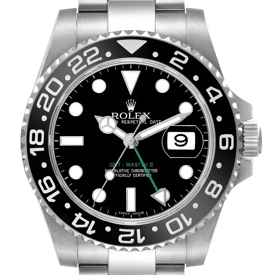 Black dial and bezel of a Rolex GMT-Master II 116710LN