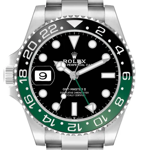 Green and black bezel and left-hand crown of a Rolex GMT-Master II 126720VTNR "Sprite"
