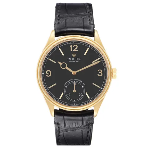 Rolex Perpetual 1908 52508 in yellow gold with black dial on a leather strap
