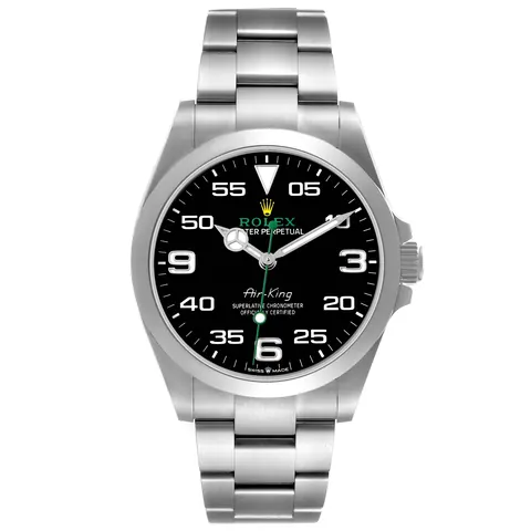 Rolex Air-King 126900 with black aviation dial and 3-6-9 Arabic numerals
